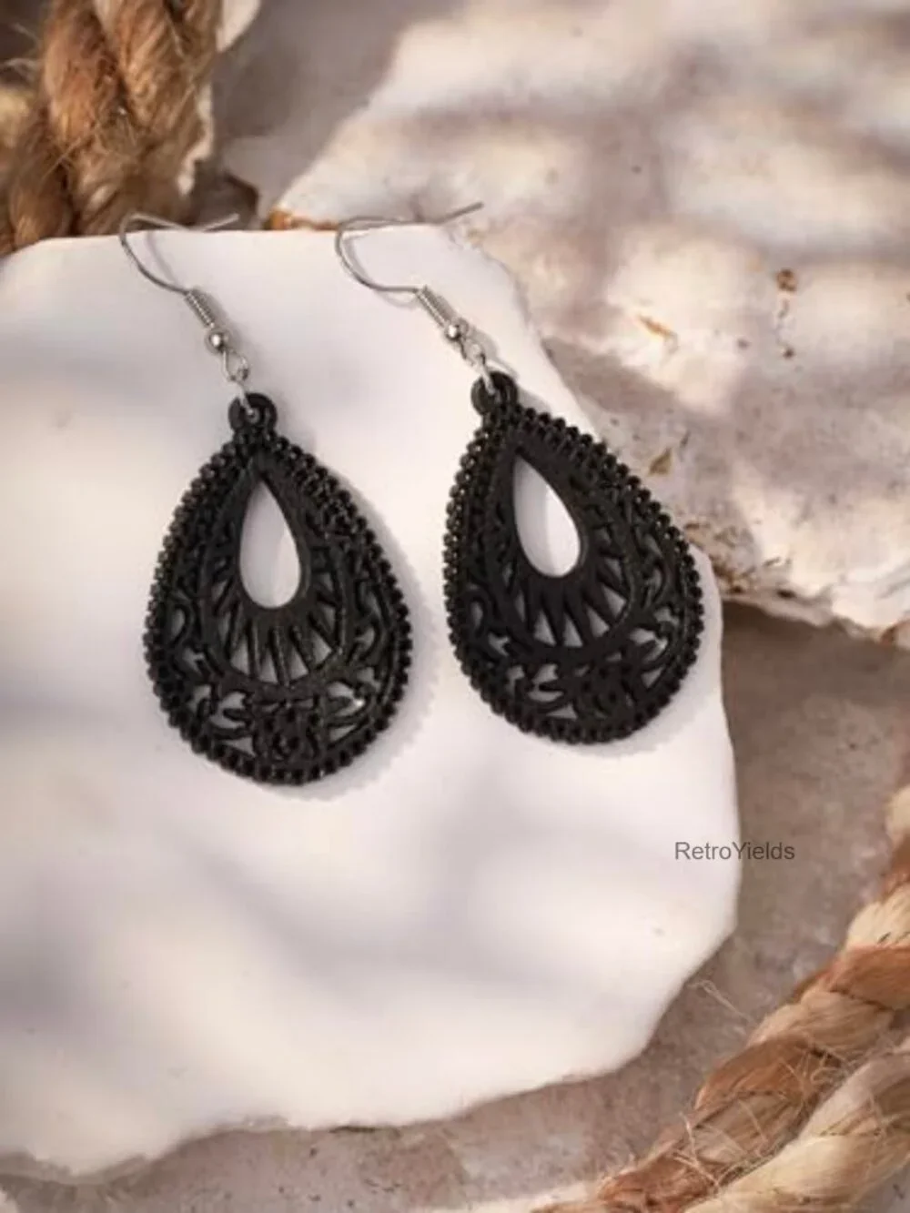 Bohemian Hollow Cut-Out Wood Leather Dangle Drop Earrings